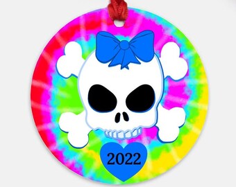 Rainbow Skull Ornament, Blue Bow Skull, Blue Heart Skull, Tie-Dye Skull, Cute Skull Ornament, Sweet Skull,  Christmas Ornament, Hand Drawn
