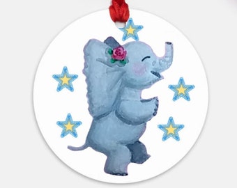 1st Christmas, Dancing Elephant, Stars, Happy, Ornament, Flat Round, Digital Illustration, Hand Drawn, Hand Painted, Baby Gift, Watercolor