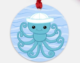 Cute Octopus Sailor Ornament, ocean ornament, sea creature, octopus christmas, under the sea ornament, octopus illustration, sailor gift