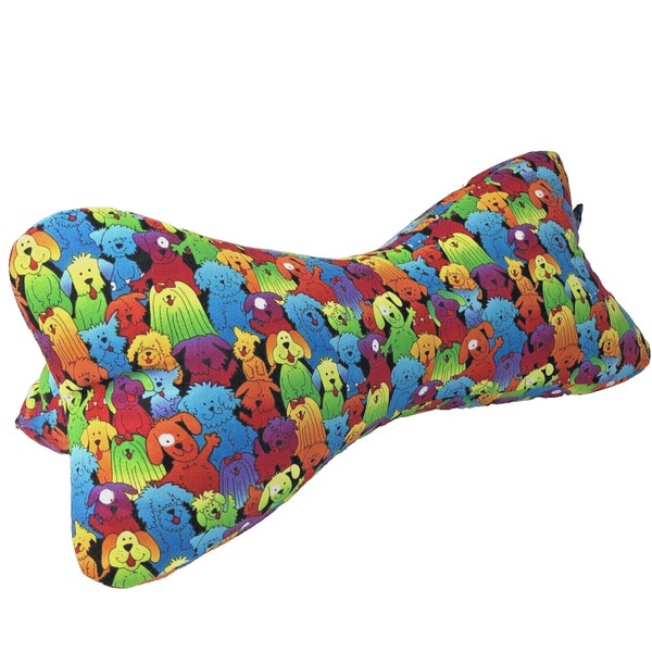 Dog Bone 3 Sided Neck Travel Pillow Colorful Tie Dye Dogs Handmade Cotton Zippered