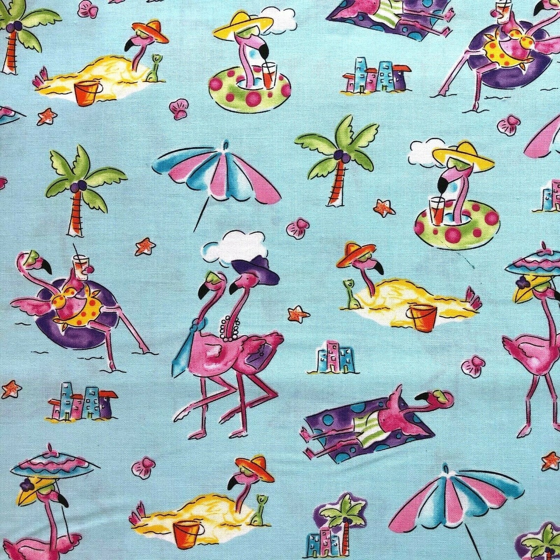 Pink Flamingos at the Beach Cotton Novelty Quilt Fabric Blue Etsy