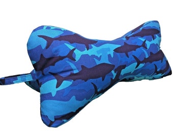 Dog Bone 3 Sided Neck Travel Pillow Blue Sharks Camo Cotton Zipper Adjustable