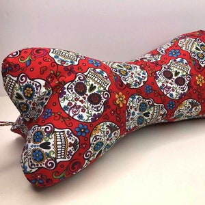 Dog Bone Neck Pillow  Red Sugar Skulls 3 Sided Travel Cotton Zippered Adjustable