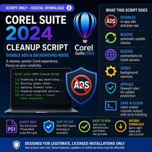 Könnte beinhalten: Grafik zum digitalen Download für Corel Suite 2024 Cleanup Script. Das Bild zeigt einen Laptop, ein Schild mit einem "ADS"-Symbol und einen Heißluftballon. Text hebt Funktionen wie das Deaktivieren von Werbung, das Blockieren von Updates und das Anwenden von Firewall-Regeln hervor.