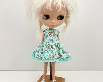 Blythe Dress, Blythe Clothes, Short dress, Turquoise Floral