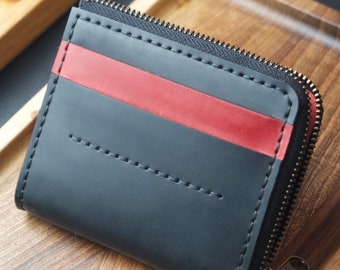 The zip small leather wallet. Natural genuine cow leather. High-quality traditional handmade