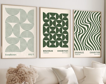 Set of 3 Green Bauhaus Prints, Vintage Wall Art, Geometric Art, Bauhaus Ausstellung Poster, Bauhaus Exhibition Print - Bauhaus Art Prints