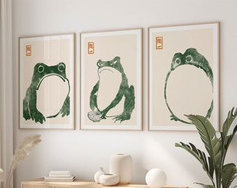 日本の松本宝字カエル3体セット、日本のカエルの印刷可能な壁アート、ヴィンテージカエルの木版画ポスター、浮世絵カエルの版画、デジタルダウンロード