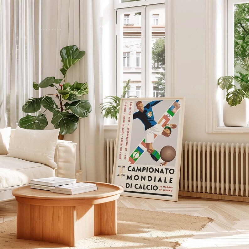May include: A vintage poster advertising the 1934 FIFA World Cup in Italy. The poster features a football player in a blue jersey kicking a ball. The text on the poster reads "Campionato Mondiale di Calcio" and "27 Maggio - 10 Giugno".