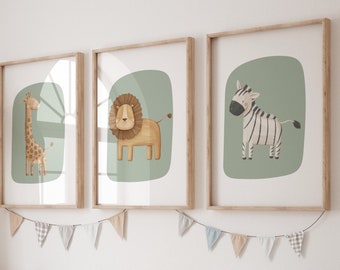 Safari kinderkamer muur prints, boho kinderkamer prints, set van 3 prints, decor kinderkamer, salie groen kinderdagverblijf prints, kinderkamer kunst aan de muur, afdrukbare kunst
