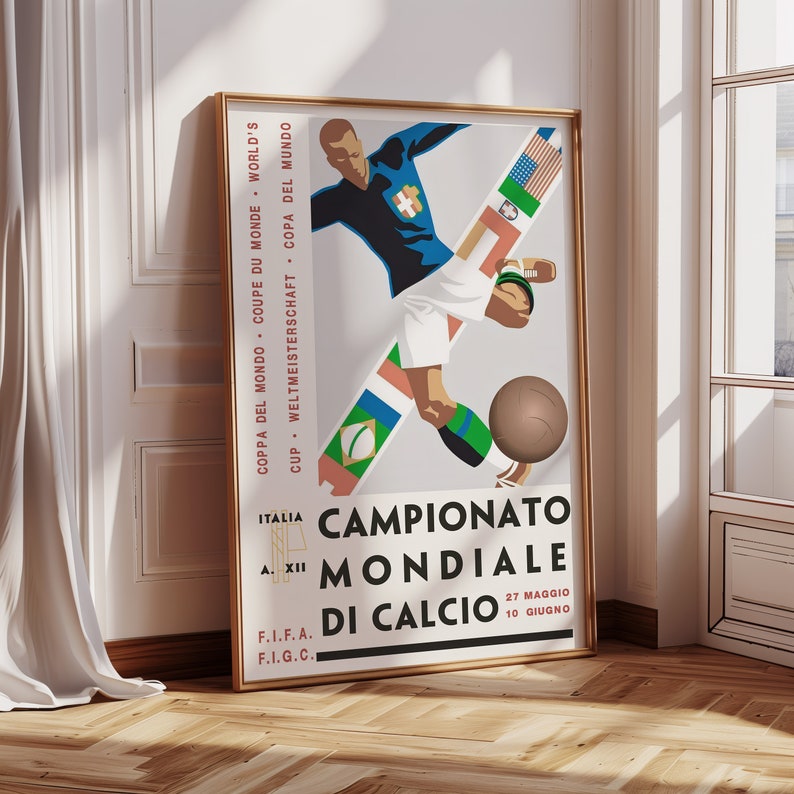 May include: A vintage poster for the 1934 FIFA World Cup in Italy. The poster features a stylised illustration of a football player kicking a ball, with the text "Campionato Mondiale di Calcio" and the dates "27 Maggio 10 Giugno".