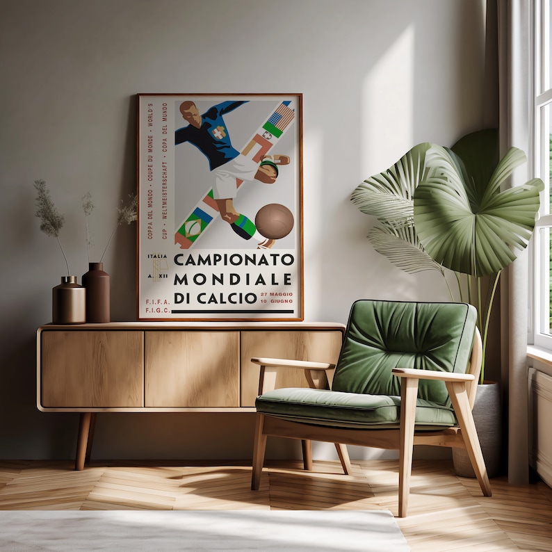 May include: A vintage poster advertising the 1934 FIFA World Cup in Italy. The poster features a football player in a blue jersey kicking a ball. The text on the poster reads "Campionato Mondiale di Calcio" and includes the dates "27 Maggio" and "10 Giugno".