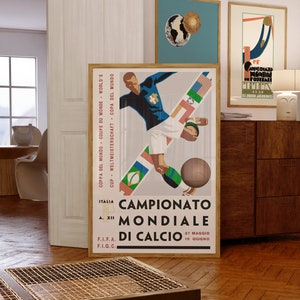 May include: A vintage poster advertising the 1930 FIFA World Cup in Italy. The poster features a football player in a black and white kit kicking a football. The poster is in Italian and English and includes the text "Campionato Mondiale di Calcio" and "27 Maggio 10 Giugno".