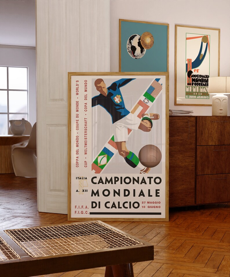 May include: A vintage poster advertising the 1930 FIFA World Cup in Italy. The poster features a football player in a black and white kit kicking a football. The poster is in Italian and English and includes the text "Campionato Mondiale di Calcio" and "27 Maggio 10 Giugno".