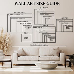 Puede incluir: Una gu&iacute;a de tama&ntilde;os de arte de pared con un sof&aacute; en el fondo. La gu&iacute;a muestra diferentes tama&ntilde;os de arte de pared en pulgadas y cent&iacute;metros, con las proporciones de aspecto correspondientes: 5:4, 3:2 y 4:3. La gu&iacute;a tambi&eacute;n incluye las dimensiones est&aacute;ndar de los sof&aacute;s en pulgadas y cent&iacute;metros.