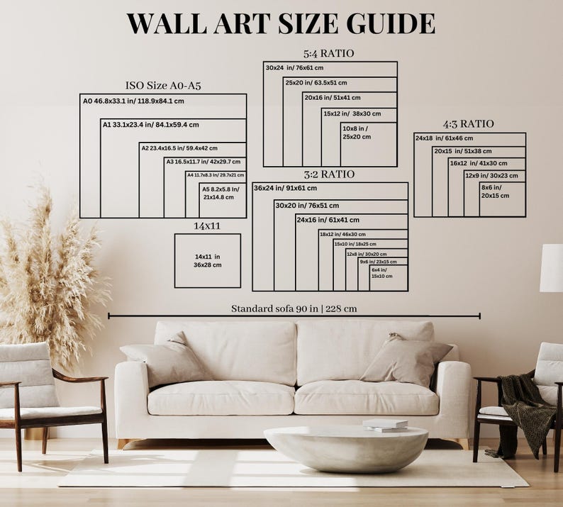 Puede incluir: Una gu&iacute;a de tama&ntilde;os de arte de pared con un sof&aacute; en el fondo. La gu&iacute;a muestra diferentes tama&ntilde;os de arte de pared en pulgadas y cent&iacute;metros, con las proporciones de aspecto correspondientes: 5:4, 3:2 y 4:3. La gu&iacute;a tambi&eacute;n incluye las dimensiones est&aacute;ndar de los sof&aacute;s en pulgadas y cent&iacute;metros.