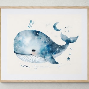 Whale, Watercolour, Nursery Art, Nursery Decor, Digital Art, Wall Art, Digital Prints, Blue Whale, Decor, Whale Print