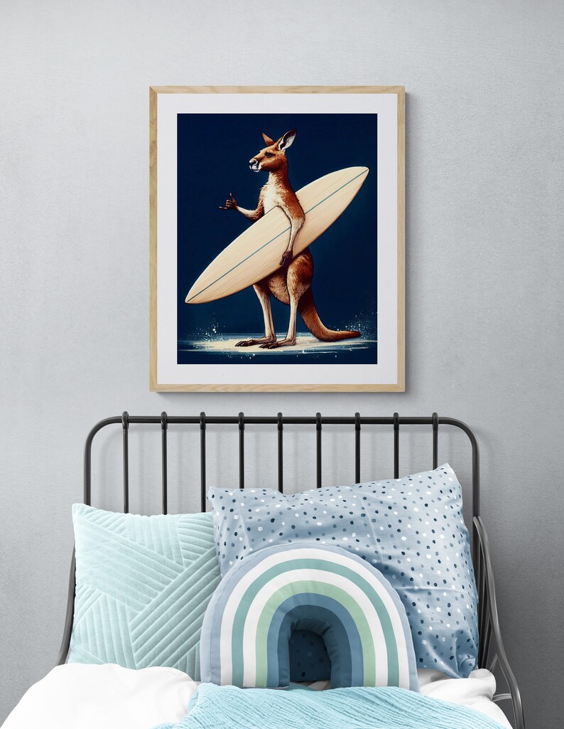 Kangaroo Surf Time, Kangaroo, Surfboard, Nursery Art, Nursery Decor