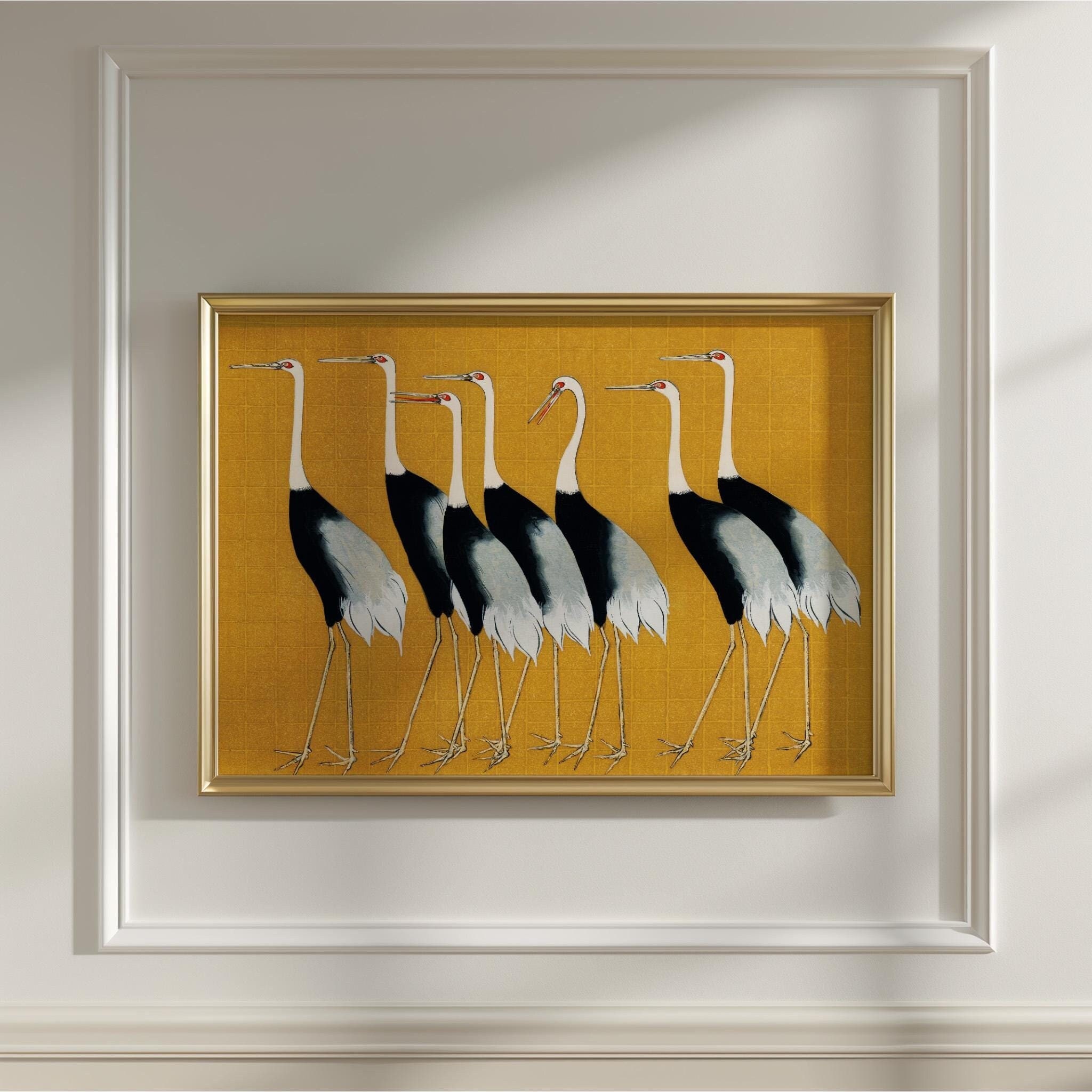 Japanese Cranes Print | Ogata Korin Print | Farmhouse Decor | Bird Watercolor | Mustard | Vintage Wall Art | Coastal Bird Print | Bird Lover