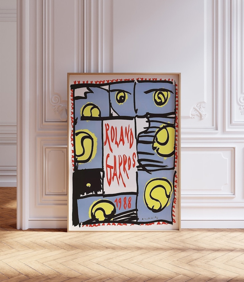 May include: A vintage poster for the 1988 Roland Garros French Open tennis tournament. The poster features a colorful abstract design with tennis balls and the tournament name in red lettering.