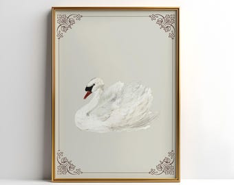 ヴィンテージ白鳥プリント 白い白鳥の絵画 パステル画 保育園 農家の
