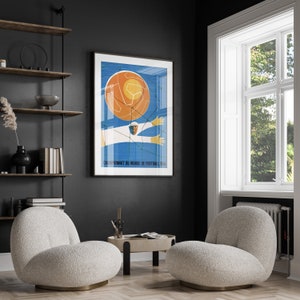 May include: A vintage poster featuring a blue background with a football player in white and yellow, kicking a football. The poster reads "Championnat du Monde de Football 1954".