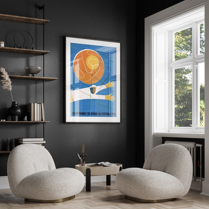 May include: A vintage poster featuring a blue background with a football player in white and yellow, kicking a football. The poster reads "Championnat du Monde de Football 1954".