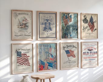 Vintage Americana-tryckset, stjärnor och ränder, vår nationalsång, patriotisk utskrivbar konst, vintage USA-konst, Liberty Bells, 4 juli