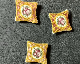 Floral Medallion with Curlicues in Dollhouse Miniature Needlepoint Pillows - Shades  of Pink - Set of 3