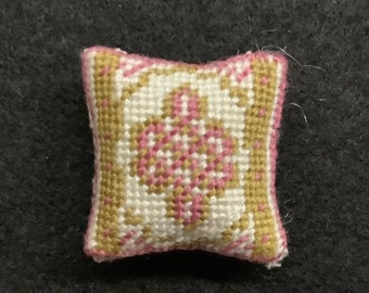 Dollhouse Miniature Needlepoint Pillow - Celtic Knotwork Pattern in Pink, Gold and Off-White