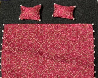 Beaded Red Jacquard Bedspread and Two (2) Dollhouse Miniature Pillows (Small Rectangular with Pearly Beads)