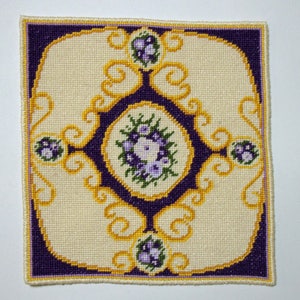 Dollhouse Miniature Floral Medallion Needlepoint Rug - Dark Purple