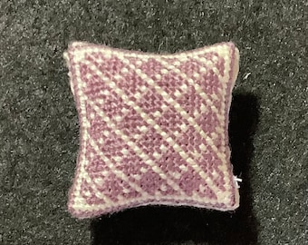 Dollhouse Miniature Needlepoint - Soft Plum Square Pillow with Diamond Pattern in Off-White