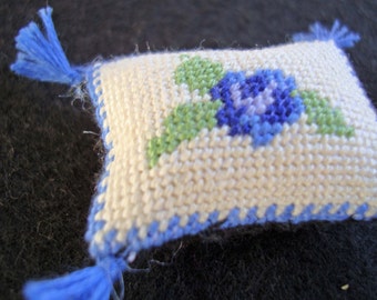 Blue Flower Dollhouse Miniature Needlepoint Pillow with Tassels