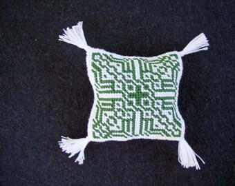 Dark Green and White Dollhouse Miniature Needlepoint Pillow with Tassels