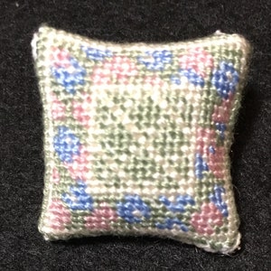 Dollhouse Miniature Needlepoint - Pastel Square Pillow with Floral and Diamond Pattern