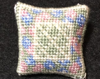 Dollhouse Miniature Needlepoint - Pastel Square Pillow with Floral and Diamond Pattern