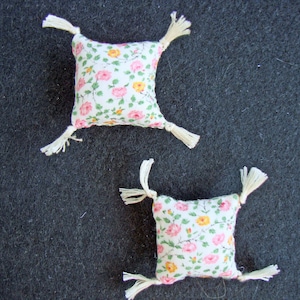 PAIR of Dollhouse Miniature Pink,Yellow and Green Floral Pillows (Square with Tassels)