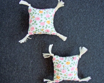 PAIR of Dollhouse Miniature Pink,Yellow and Green Floral Pillows (Square with Tassels)