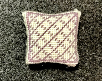 Dollhouse Miniature Needlepoint - Off-White Square Pillow with Diamond Pattern in Dusty Plum