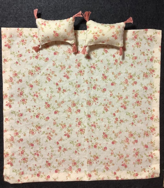 Bedspread With Two 2 Dollhouse Miniature Vintage Floral Pillows
