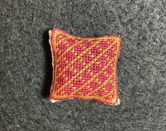 Dollhouse Miniature Needlepoint - Burgundy Square Pillow with Old Gold Diamond Pattern (Color Set B)