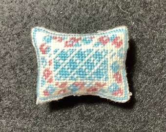 Dollhouse Miniature Rectangular Needlepoint Pillow with Blue Diamond Pattern Center and Blue Border with Flowers