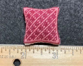 Dollhouse Miniature Needlepoint - Burgundy Square Pillow with Pink Diamond Pattern (Color Set B)