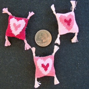Three Pink and Red Dollhouse Miniature Needlepoint Pillows with Tassels (Set A)