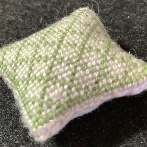 Dollhouse Miniature Needlepoint - Off-White Square Pillow with Diamond Pattern in Green