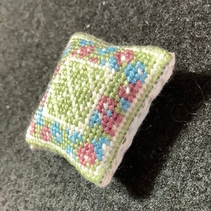 Dollhouse Miniature Needlepoint - Square Pillow with Green Diamond Pattern and Blue and Plum Floral Border on Green