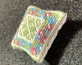 Dollhouse Miniature Needlepoint - Square Pillow with Green Diamond Pattern and Blue and Plum Floral Border on Green