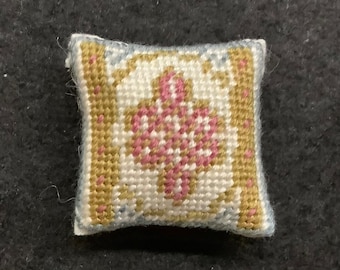 Dollhouse Miniature Needlepoint Pillow - Celtic Knotwork Pattern in Pink, Blue, Gold, and Off-White