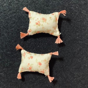 Two (2) Dollhouse Miniature Vintage Floral Pillows (Large Rectangular with Tassels)